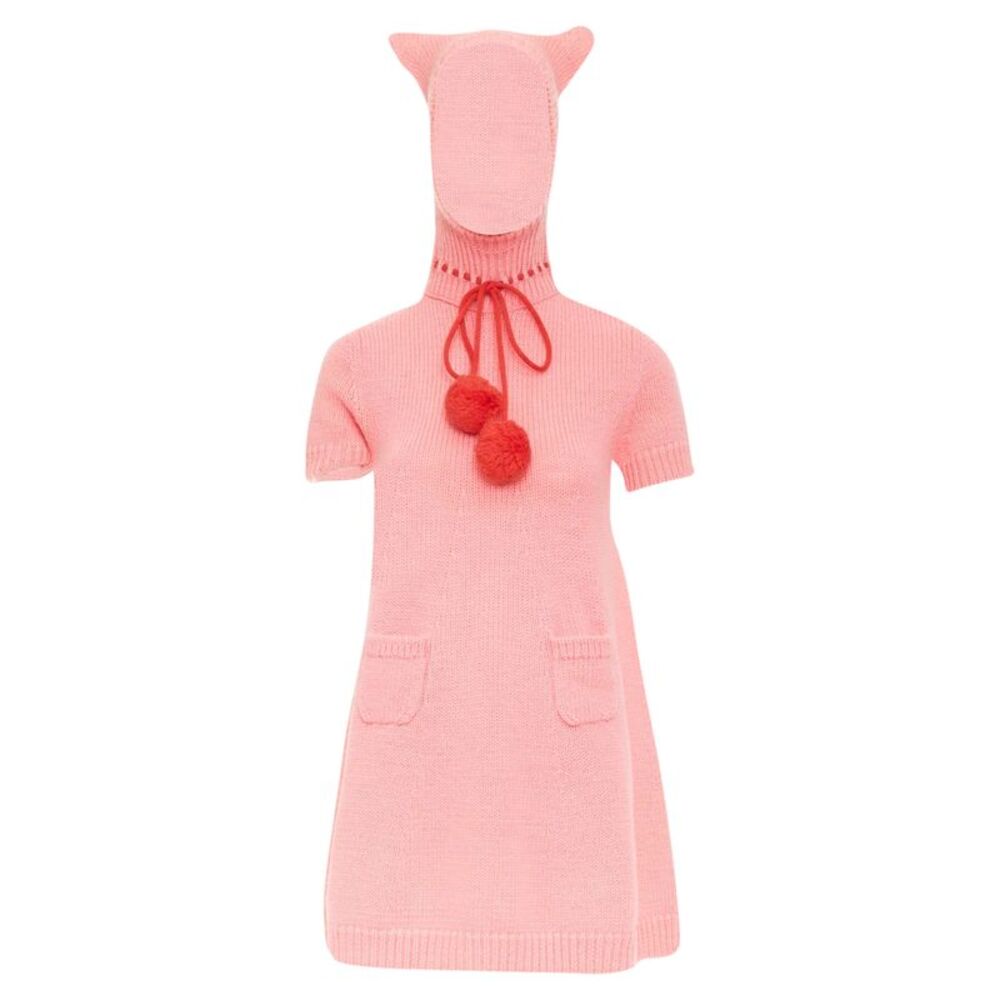 Gucci Epilogue pink wool knit ear hooded pom pom dress